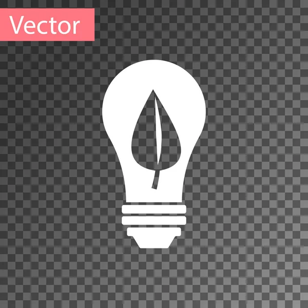 Lâmpada de luz branca com ícone de folha isolado em fundo transparente. Conceito de energia Eco. Conceito de energia alternativa. Ilustração vetorial — Vetor de Stock