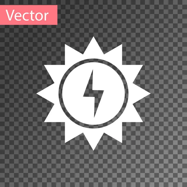 Icono del panel de energía solar blanco aislado sobre fondo transparente. Sol con símbolo del rayo. Ilustración vectorial — Vector de stock