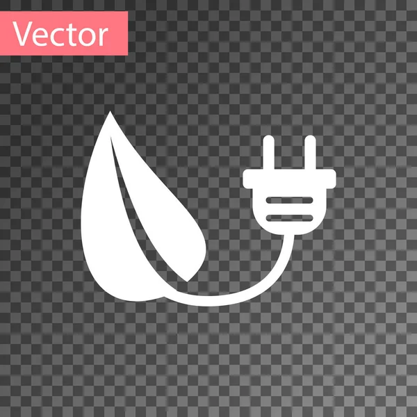 Blanco Enchufe de ahorro eléctrico en el icono de la hoja aislado sobre fondo transparente. Ahorre energía icono de electricidad. Icono de protección ambiental. Bioenergía. Ilustración vectorial — Vector de stock