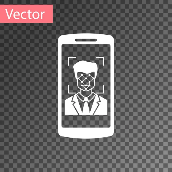 White Mobile phone and face recognition icon isolated on transparent background. Face identification scanner icon. Facial id. Cyber security concept. Vector Illustration — ストックベクタ