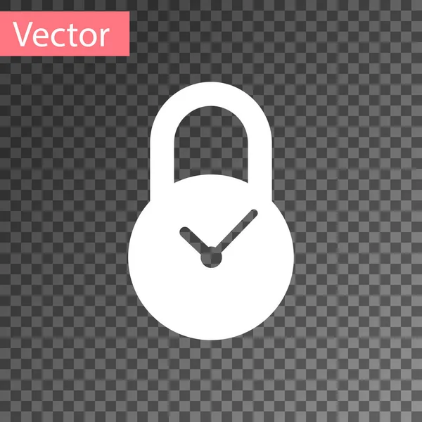 Candado blanco con icono de reloj aislado sobre fondo transparente. Concepto de control de tiempo. Bloqueo y cuenta atrás, fecha límite, horario, símbolo de planificación. Ilustración vectorial — Vector de stock