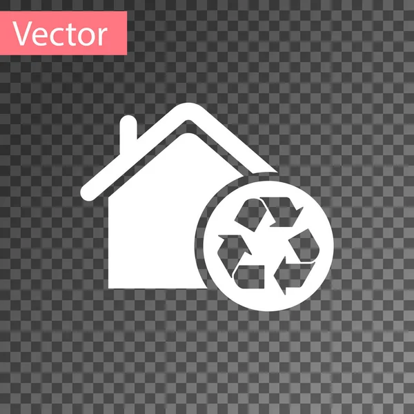 Weißes Öko-Haus mit Recycling-Symbol auf transparentem Hintergrund. Ökologie zu Hause mit Recycling-Pfeilen. Vektorillustration — Stockvektor