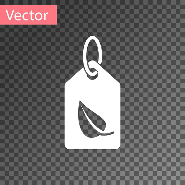 Etiqueta blanca con icono de símbolo de hoja aislado sobre fondo transparente. Banner, etiqueta, etiqueta, logotipo, etiqueta para eco verde. Ilustración vectorial — Vector de stock