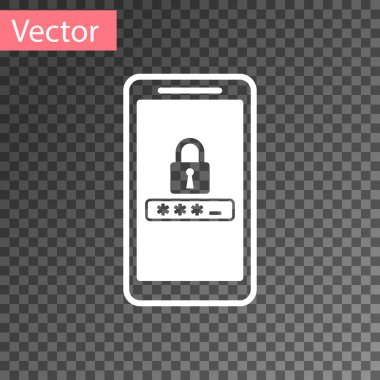Beyaz cep telefonu ve şifre koruma simgesi şeffaf arkaplanda izole edildi. Güvenlik, güvenlik, kişisel erişim, kullanıcı izni, mahremiyet. Vektör İllüstrasyonu