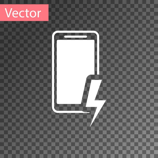 White Smartphone charging battery icon isolated on transparent background. Phone with a low battery charge. Vector Illustration — ストックベクタ