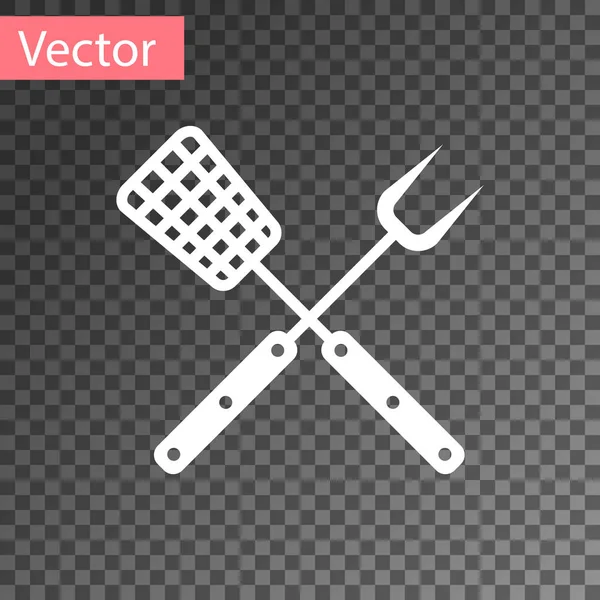 White Crossed fork and spatula icon isolated on transparent background. BBQ fork and spatula sign. Barbecue and grill tools. Vector Illustration — ストックベクタ