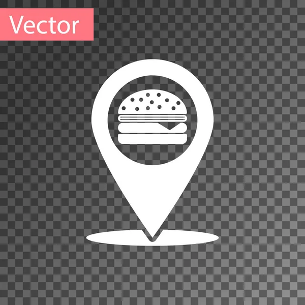 Weißer Kartenzeiger mit Fast-Food-Burger-Symbol isoliert auf transparentem Hintergrund. Vektorillustration — Stockvektor