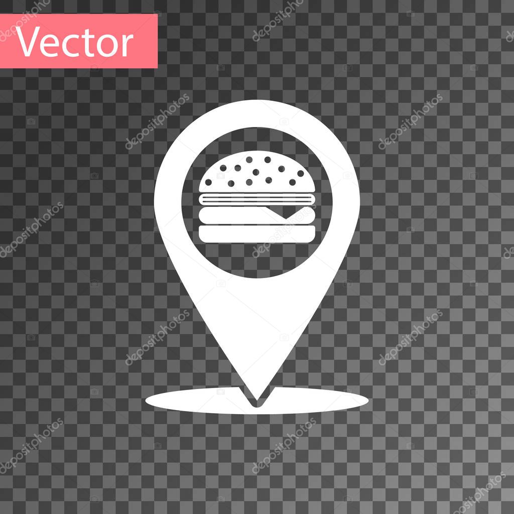 White Map pointer with fast food burger icon isolated on transparent background. Vector Illustration