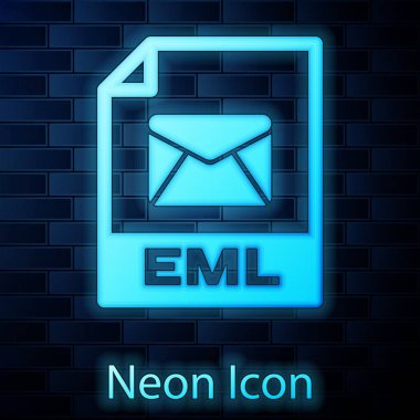 Parlayan neon Eml dosya belge simgesi. Tuğla duvar arka planında yalıtılmış eml düğme simgesini indirin. Eml dosya sembolü. Vektör İllüstrasyonu
