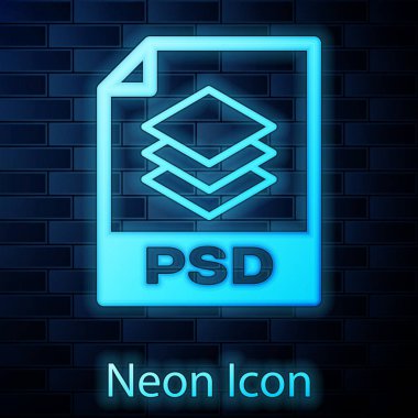 Parlayan neon Psd dosya belge simgesi. Tuğla duvar arka planda izole psd düğme simgesiindir. Psd dosya sembolü. Vektör İllüstrasyonu