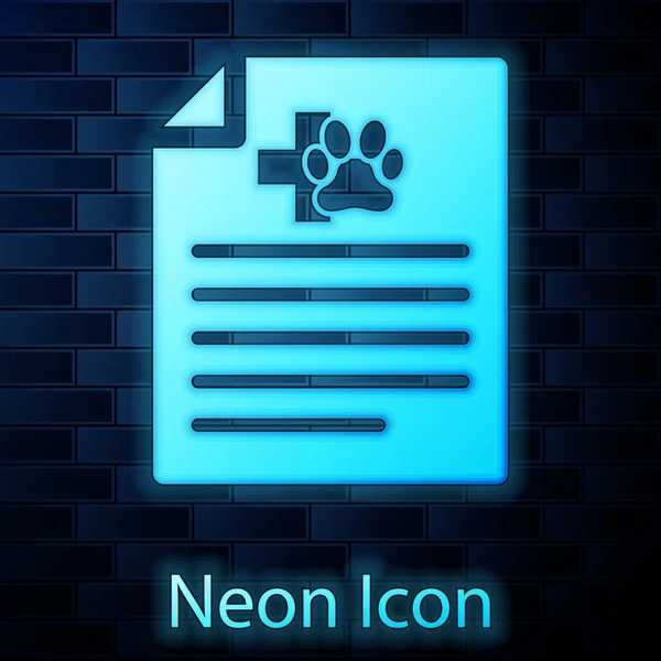 Leuchtende Neon ärztliches Attest für Reisen mit Hund oder Katze Symbol isoliert auf Backsteinwand Hintergrund. Dokument für Haustier. Pfotenabdruck für Hund oder Katze. Vektorillustration — Stockvektor
