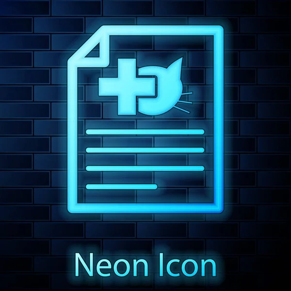 Glödande Neon medicinsk intyg för resa med hund eller katt ikonen isolerad på tegel mur bakgrunden. Dokument för PET. Vektor illustration — Stock vektor