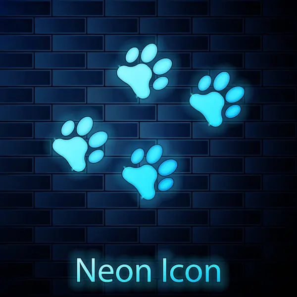 Brilhante neon Paw print ícone isolado no fundo da parede de tijolo. Impressão de pata de cão ou gato. Pista animal. Ilustração vetorial —  Vetores de Stock