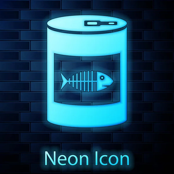 Świecące Neon konserwy dla kotów ikona izolowane na tle muru ceglanego. Znak szkieletu ryb. Pokarm dla zwierząt. Karma dla zwierząt domowych może. Ilustracja wektorowa — Wektor stockowy