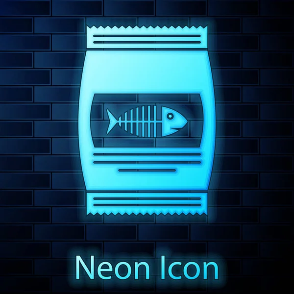 Świecące Neon torba z żywności dla kotów ikona izolowane na tle muru ceglanego. Znak szkieletu ryb. Pokarm dla zwierząt. Pakiet karmy dla zwierząt domowych. Ilustracja wektorowa — Wektor stockowy