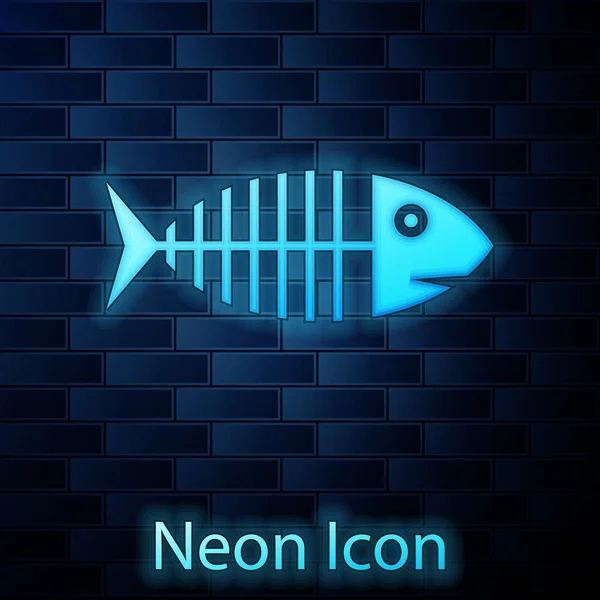 Świecące Neon Fish szkielet ikona izolowane na tle muru ceglanego. Znak kości rybnej. Ilustracja wektorowa — Wektor stockowy