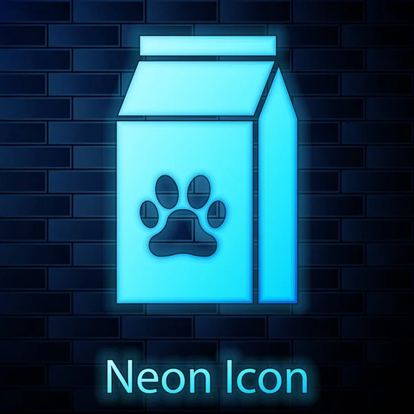 Saco de neon brilhante de comida para o ícone do animal de estimação isolado no fundo da parede de tijolo. Comida para animais. Pacote de alimentos para animais. Impressão de pata de cão ou gato. Ilustração vetorial —  Vetores de Stock