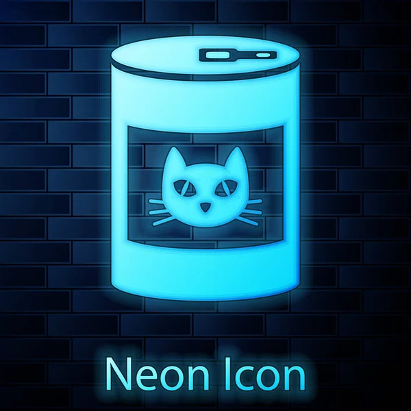 Leuchtende Neon-Dosenfutter für Katzen-Symbol isoliert auf Backsteinwand Hintergrund. Futter für Tiere. Hundefutter kann. Vektorillustration — Stockvektor