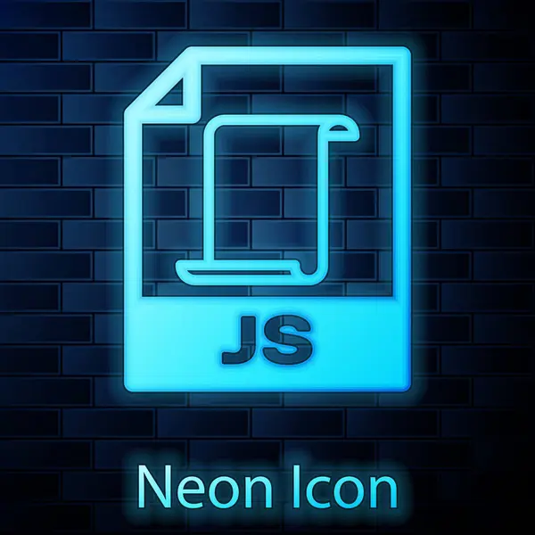 Glowing neon JS file document icon. Download js button icon isolated on brick wall background. JS file symbol. Vector Illustration — Stock Vector