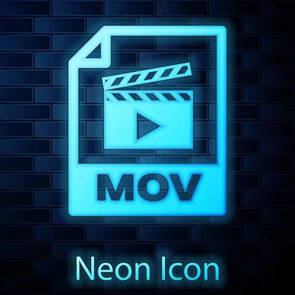 Glowing neon MOV file icon. Иконка кнопки выделена на фоне стены. Символ файла MOV. Коллекция аудио и видео. Векторная миграция — стоковый вектор