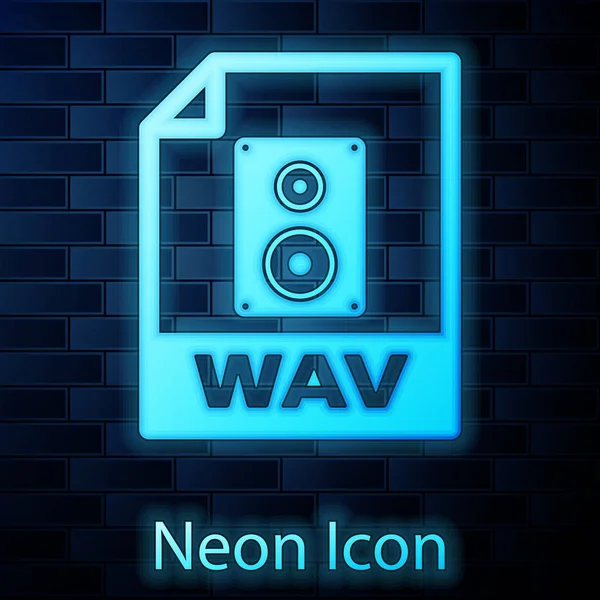 Glowing neon WAV file document icon. Download wav button icon isolated on brick wall background. WAV waveform audio file format for digital audio riff files. Vector Illustration