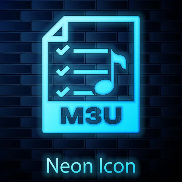 Illumina l'icona del documento del file M3U al neon. Scarica m3u icona pulsante isolato su sfondo muro di mattoni. Simbolo file M3U. Illustrazione vettoriale — Vettoriale Stock