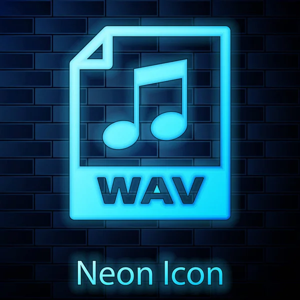 Świecąca Neon plik WAV ikona dokumentu. Pobierz ikonę przycisku WAV izolowane na tle muru ceglanego. WAV format pliku audio fali dla cyfrowych plików audio RIFF. Ilustracja wektorowa — Wektor stockowy