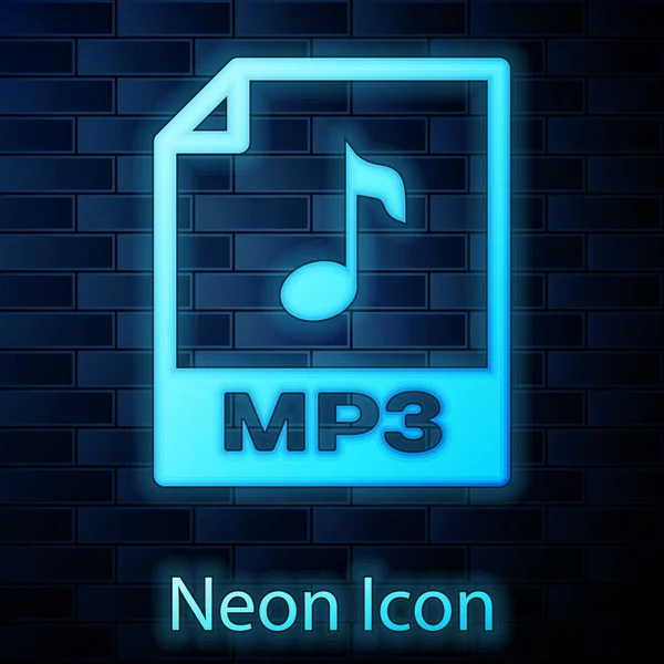 Glödande Neon MP3 arkivera dokumentikonen. Ladda ner MP3-knappen ikon isolerad på tegelvägg bakgrund. MP3 musik format tecken. MP3-filsymbol. Vektor illustration — Stock vektor