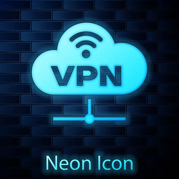 Glowing neon VPN Network cloud connection icon isolated on brick wall background. Social technology. Cloud computing concept. Vector Illustration