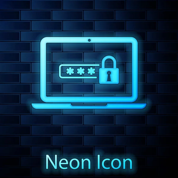 Leuchtender Neon-Laptop mit Passwort-Benachrichtigung und Schloss-Symbol isoliert auf Ziegelwand-Hintergrund. Sicherheitskonzept, persönlicher Zugang, Benutzerberechtigung, Login-Formular. Vektorillustration — Stockvektor