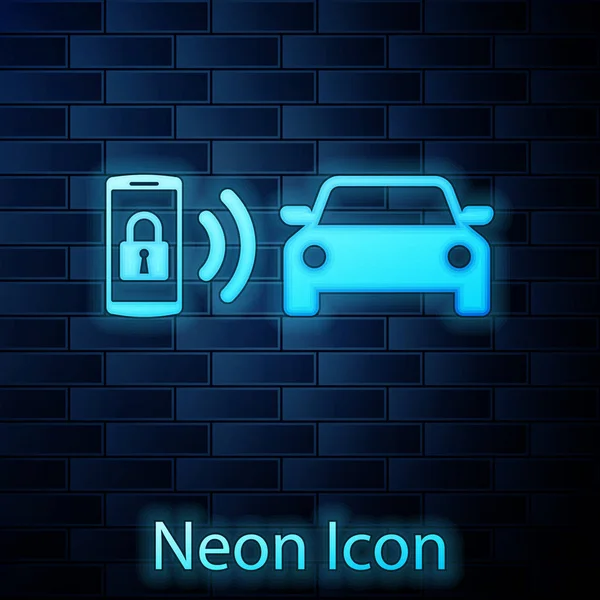 Icono del sistema de alarma de coche inteligente de neón brillante aislado en el fondo de la pared de ladrillo. El teléfono inteligente controla la seguridad del coche en el inalámbrico. Ilustración vectorial — Vector de stock