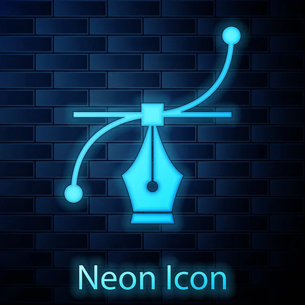 Gloeiende neon Bezier curve icoon geïsoleerd op bakstenen muur achtergrond. Pen gereedschap icoon. Vector Illustratie — Stockvector