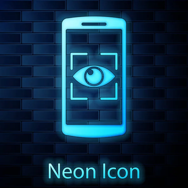 Glowing neon Mobile phone and eye scan icon isolated on brick wall background. Scanning eye. Security check symbol. Cyber eye sign. Vector Illustration — Stock Vector