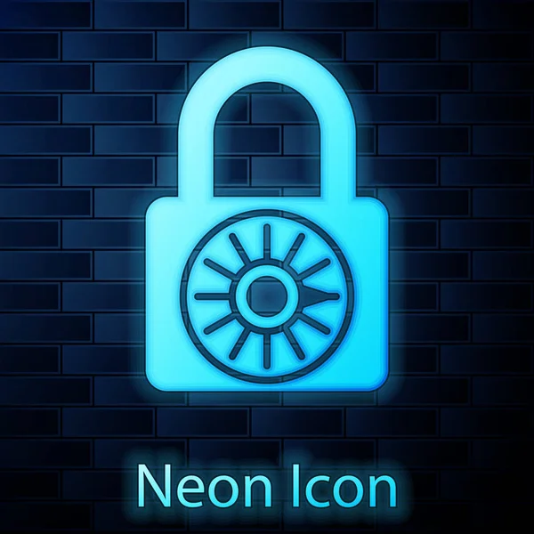 Izzó neon biztonságos kombináció zár kerék ikont izolált téglafal háttérben. Kombinált lakat. Biztonság, biztonság, védelem, jelszó, adatvédelmi koncepció. Vektoros illusztráció — Stock Vector