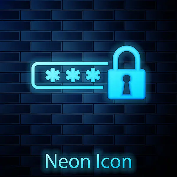 Izzó neon jelszó védelem és biztonság belépés ikon elszigetelt-ra tégla fal háttér. Lakatikon. Biztonság, biztonság, védelem, adatvédelmi koncepció. Vektoros illusztráció — Stock Vector