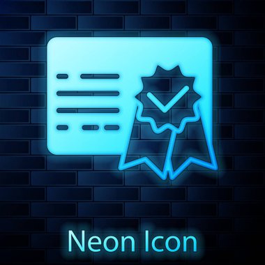 Parlayan Neon sertifika şablon simgesi tuğla duvar arka planda izole. Başarı, ödül, diploma, hibe, diploma kavramları. İş başarısı sertifikası. Vektör Illustration