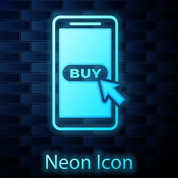 Planoucí neonová ikona mobilního telefonu a nákupního košíku izolovaná na pozadí cihlové zdi. Online nákupní symbol. Symbol koše v supermarketu. Vektorová ilustrace — Stockový vektor