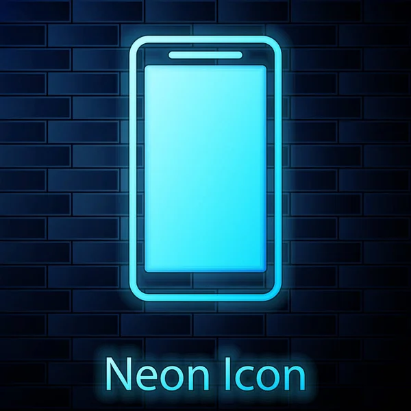 Ragyogó neon Okostelefon, mobiltelefon ikon elszigetelt téglafal háttér. Vektorillusztráció — Stock Vector