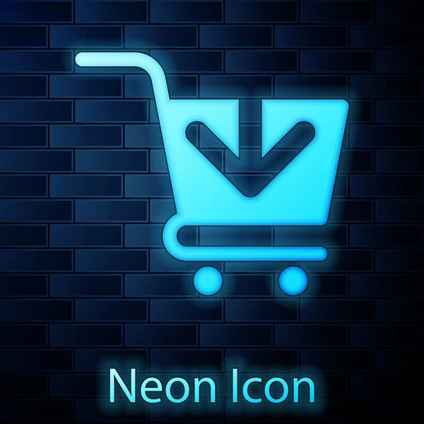 Glowing neon Add to Shopping cart icon isolated on brick wall background. Online buying concept. Delivery service sign. Supermarket basket symbol. Vector Illustration — Stock Vector