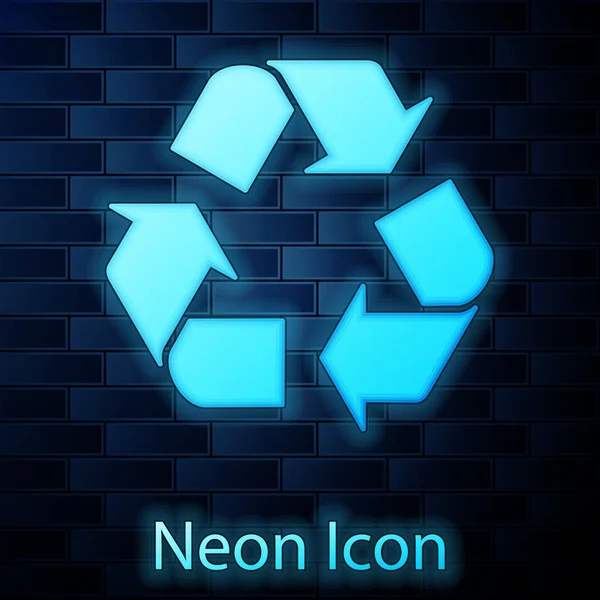 Glowing neon Recycle symbol icon isolated on brick wall background. Circular arrow icon. Environment recyclable go green. Vector Illustration