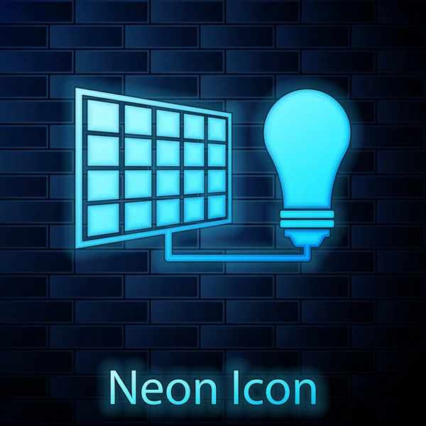 Glödande Neon solenergi panel och glödlampa ikon isolerad på tegelvägg bakgrund. Vektor illustration — Stock vektor