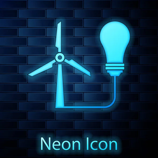 Ampoule lumineuse au néon avec éolienne comme idée d'icône de source d'énergie écologique isolée sur fond de mur de briques. Concept d'énergie alternative. Illustration vectorielle — Image vectorielle