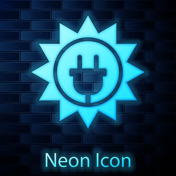 Icono del panel de energía solar de neón brillante aislado en el fondo de la pared de ladrillo. Sol y enchufe eléctrico. Ilustración vectorial — Vector de stock