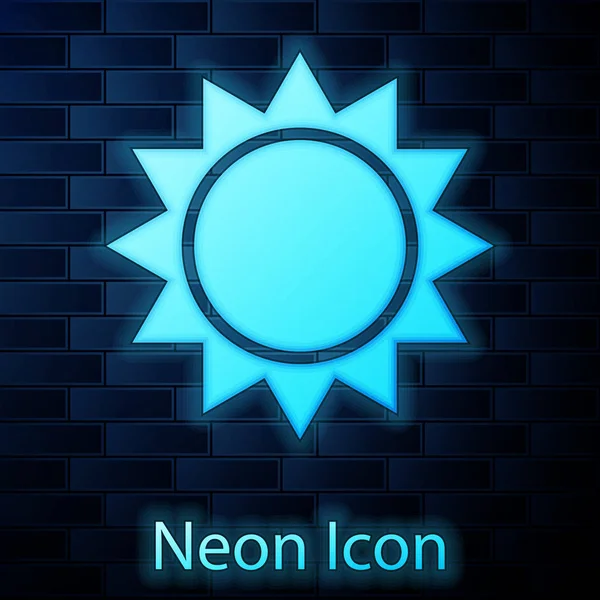 Leuchtende Neonsonne Ikone isoliert auf Backsteinwand Hintergrund. Vektorillustration — Stockvektor