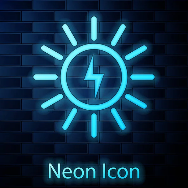 Świecące Neon Solar Energy panel ikona linii izolowane na tle muru ceglanego. Ilustracja wektorowa — Wektor stockowy
