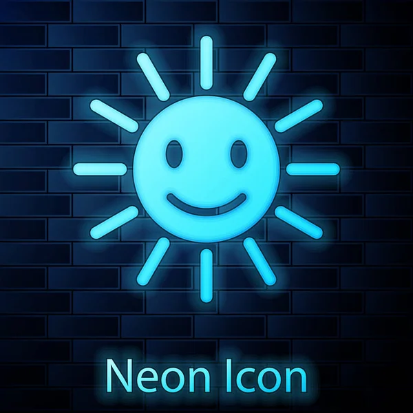 Leuchtende neon süße Sonne mit Lächeln Symbol isoliert auf Backsteinwand Hintergrund. lustig lächelnde Sonne. glückliches, sonniges Lächeln. Vektorillustration — Stockvektor