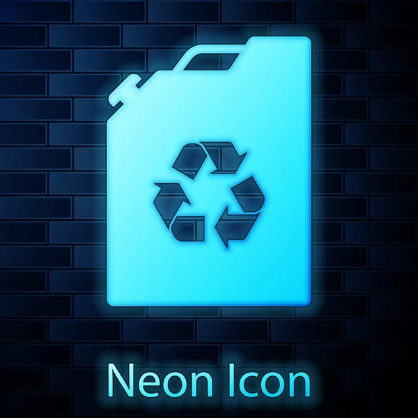 Glödande Neon Eco bränsle behållaren ikonen isolerad på tegelvägg bakgrund. Eco bio och fat. Grön miljö och återvinn. Vektor illustration — Stock vektor