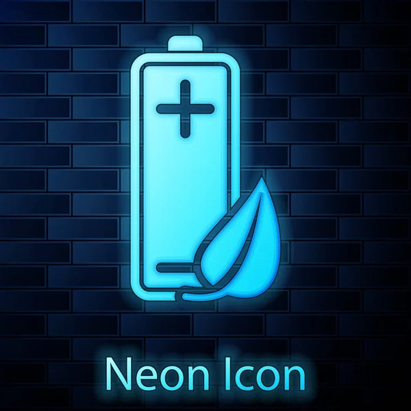 Neon incandescente Eco foglia natura e icona della batteria isolato su sfondo muro di mattoni. Energia basata sul concetto di risparmio ecologico. Illustrazione vettoriale — Vettoriale Stock