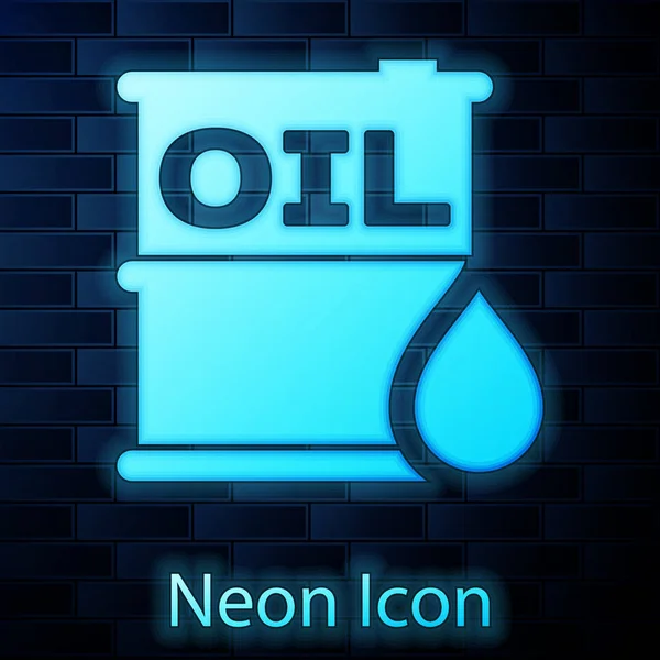 Leuchtende Neon-Öl-Barrel-Symbol isoliert auf Backsteinwand Hintergrund. Behälter für Ölfässer. für Infografik, Kraftstoff, Industrie, Energie, Ökologie. Vektorillustration — Stockvektor