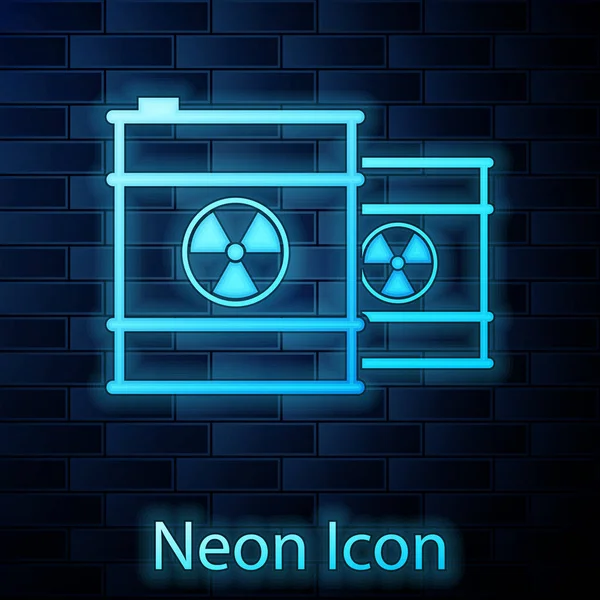 Glödande Neon radioaktivt avfall i fat linje ikonen isolerad på tegelvägg bakgrund. Giftigt avfall KEG. Radioaktiva sopor utsläpp, miljöförorening. Vektor illustration — Stock vektor